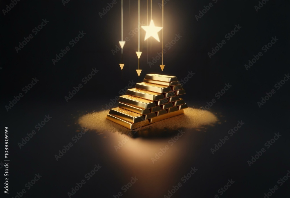 Poster a stack of gold bars sits on a dark surface, with a glowing star and three descending arrows hanging