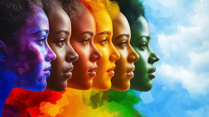 Obraz premium Women of diverse ethnicities shine in vibrant colors, celebrating their beauty and strength through cultural identities