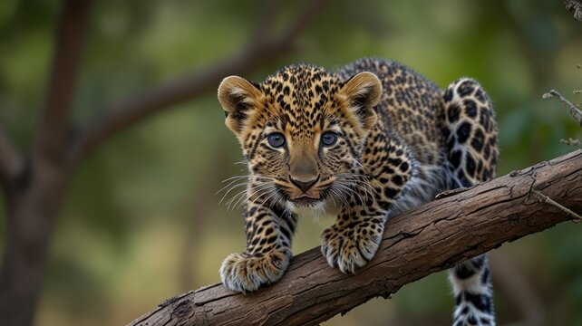 A cute leopard cub with blue eyes, perched on a tree branch, looking directly at the camera.