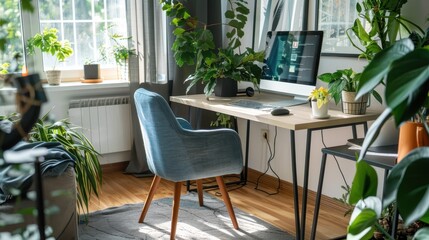 Obraz premium Stylish Ergonomic Home Office Desk Setup with Plants