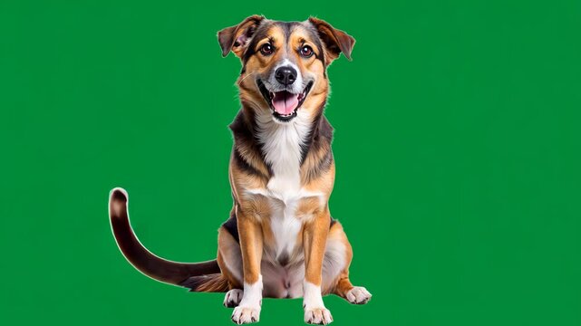 Happy dog sitting against a bright green background in playful mood