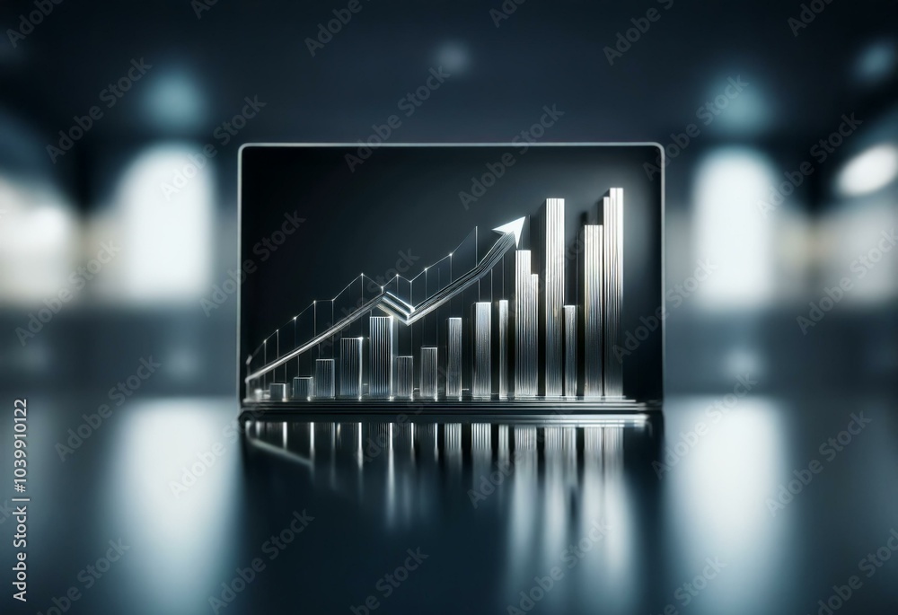Fototapete a reflective computer screen displays a silver graph with a rising arrow.