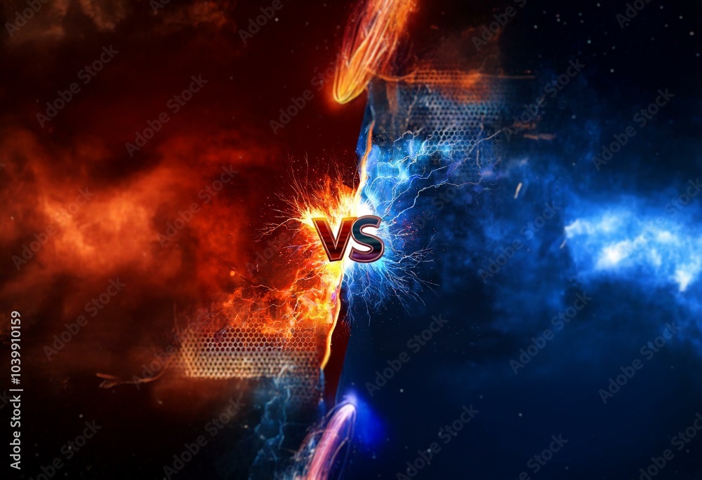 Poster red and blue energy collide in a clash of contrasting forces. the word 