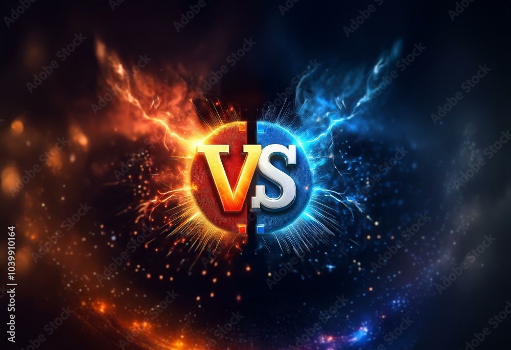 Poster a glowing versus symbol in the center of the image, surrounded by an orange-red glow on the left and