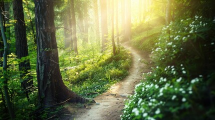 Obraz premium Serene Winding Trail in Lush Green Forest