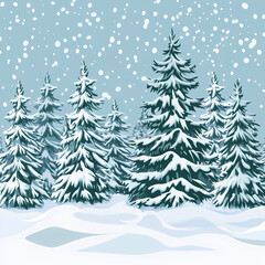 Obraz premium Winter forest silhouettes of fir trees and spruces with wood tree background.