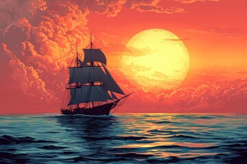 Fototapeta premium Woodcut illustration of an old sailing ship in the middle distance, on a calm ocean with small waves at sunset. 