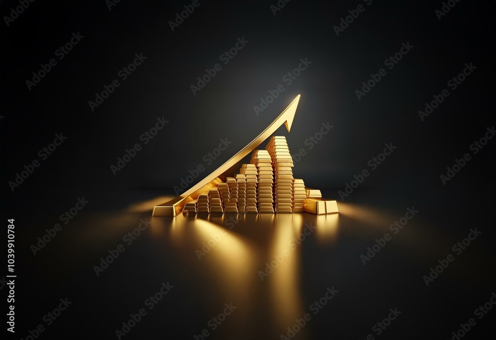 Poster a golden arrow pointing upward rests on top of a stack of gold bars.
