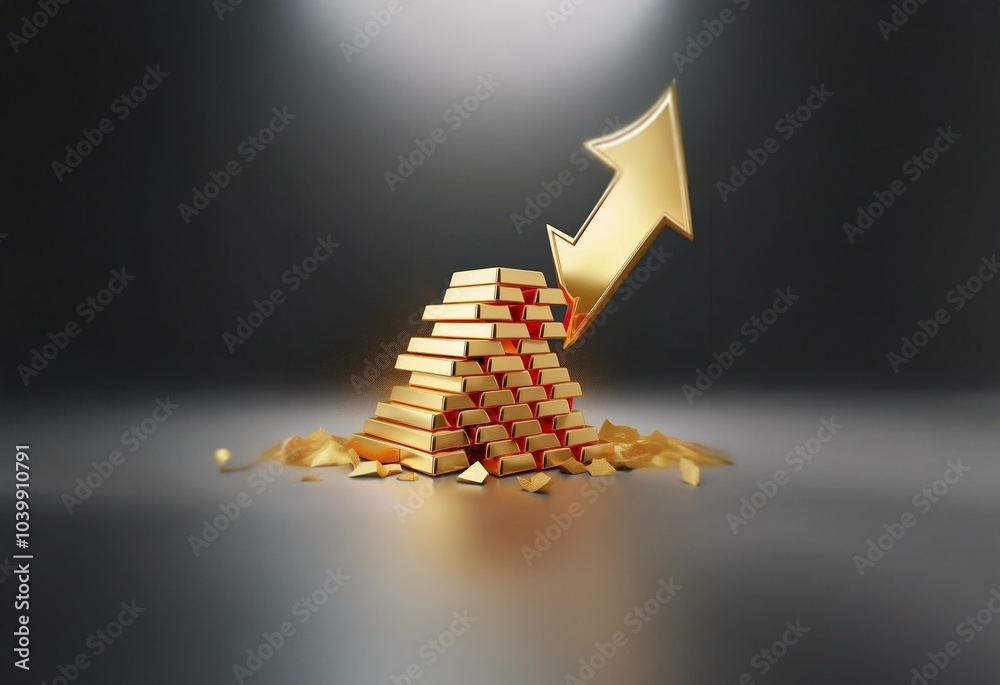 Poster a golden arrow points upwards next to a stack of gold bars, with some pieces of gold scattered aroun