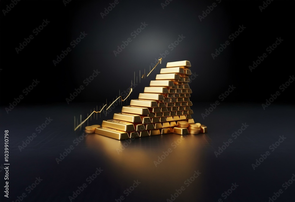Poster a stack of gold bars in the shape of a pyramid against a dark background, with an upward trending li