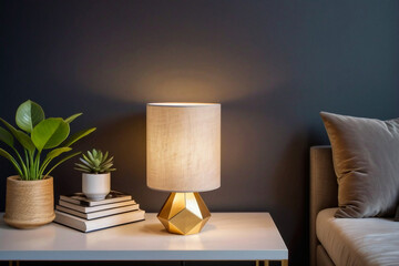 Stylish modern table lamp with a golden geometric base on the table in a cozy living room at night with copy space.