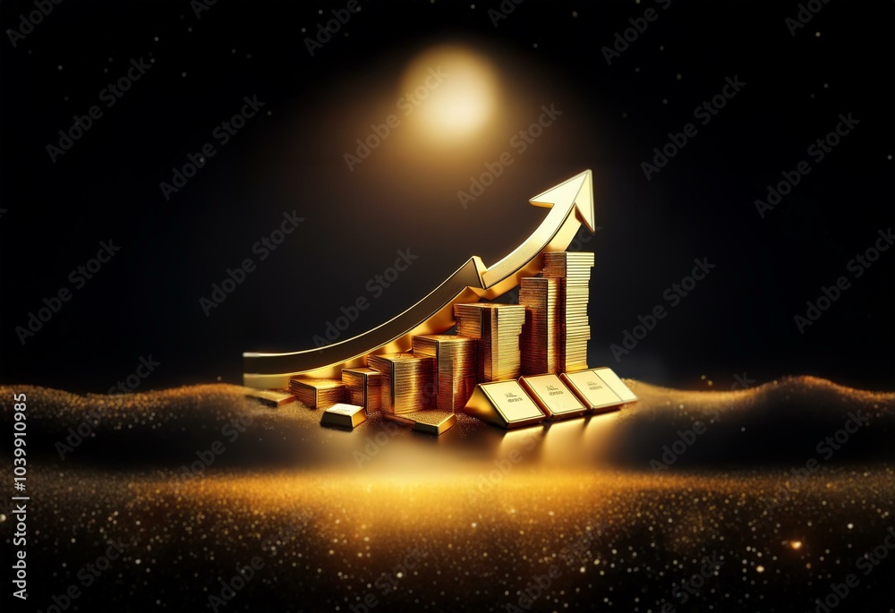 Poster a golden arrow ascends above a bar graph made of stacked gold bars, all set against a dark, sparklin