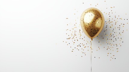 A minimalist New Years Eve design featuring a single gold balloon and scattered confetti on a clean white background, with blank space perfect for text overlays in marketing campaigns