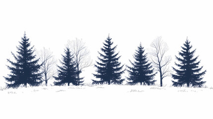 Obraz premium Winter forest silhouettes of fir trees and spruces with wood tree background.