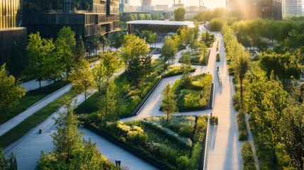 Obraz premium A vibrant urban park with lush greenery and pathways, bathed in warm sunlight, offering a serene escape in a bustling city environment.