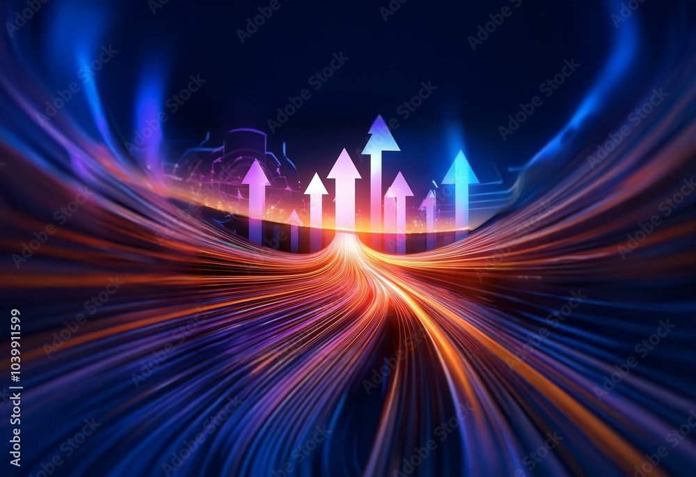 Poster Abstract image of glowing lines converging in a tunnel with multiple arrows pointing upwards.