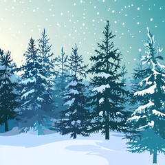 Obraz premium Winter forest silhouettes of fir trees and spruces with wood tree background.