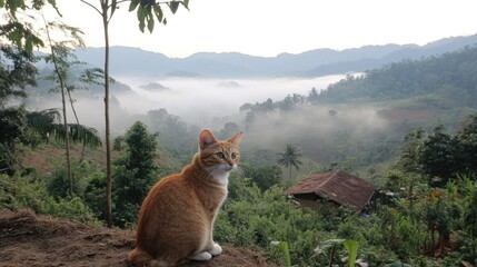 Serene Cat Overlooking Misty Mountain Landscape