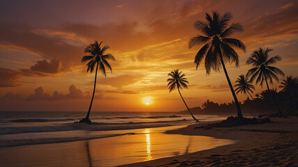 Tranquil Sunset Over Cuban Beach with Palm Trees