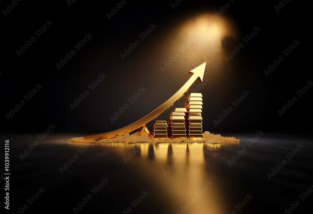 Poster A golden arrow pointing up, emerging from a pile of gold bars on a black background with a soft light illuminating the scene.