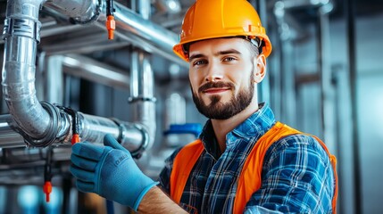 Plumber in Safety Gear Working on Pipes