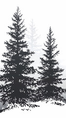 Obraz premium Winter forest silhouettes of fir trees and spruces with wood tree background.