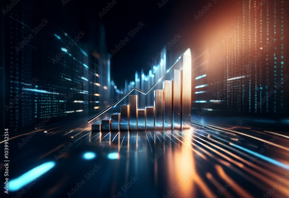 Poster a metallic bar graph rising upward with a glowing line, symbolizing growth and success, against a ba
