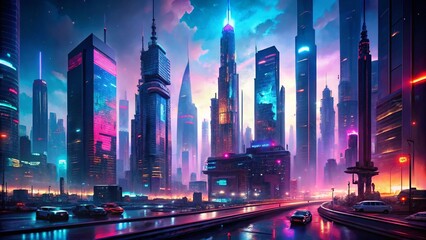 Cyberpunk Cityscape at Night with Neon Lights and Futuristic Elements