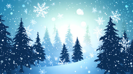 Winter forest silhouettes of fir trees and spruces with wood tree background.