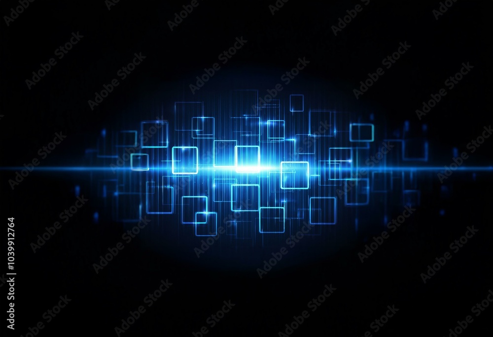 Poster abstract digital art with glowing blue squares and lines on a dark background.