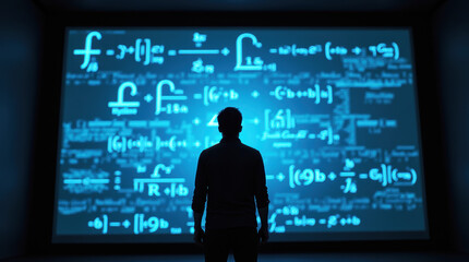 Human Silhouette Standing in Front of Huge Display with Math Equations