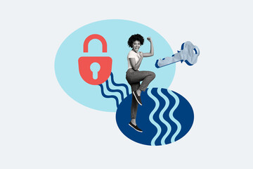 Collage image young girl celebrate success victory winner keyhole padlock close restricted access safety protection drawing background