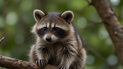 Obraz premium A cute raccoon with black eyes and a black mask sits on a tree branch with a blurred green background.