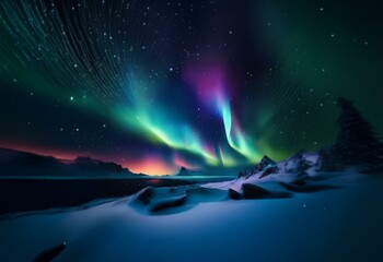 A snowy landscape with vibrant green, pink and blue aurora borealis in the night sky above.