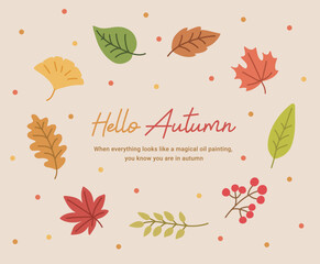 Fototapeta premium Hand drawn illustration of a fall concept fallen leaves border frame. Surrounded by various colored autumn leaves such as fallen leaves, ginkgo leaves, and maple leaves.