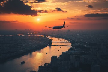 An airplane flies over a bustling city river scene during a sunset, highlighting travel and modern adventure themes.