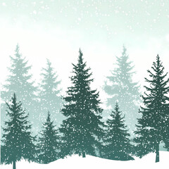 Fototapeta premium Winter forest silhouettes of fir trees and spruces with wood tree background.