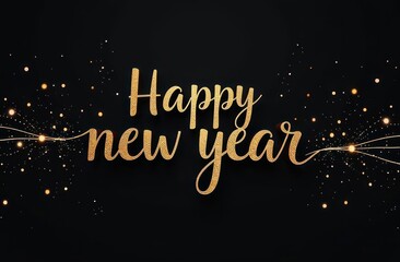 happy new year text with abstract golden lines on black background
