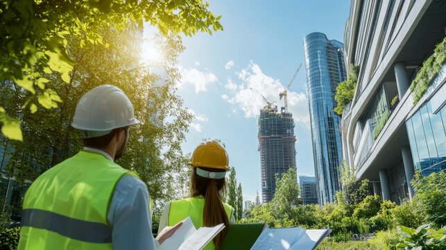 A construction site under a bright sky, with workers in safety gear assessing plans amidst green surroundings and modern buildings.