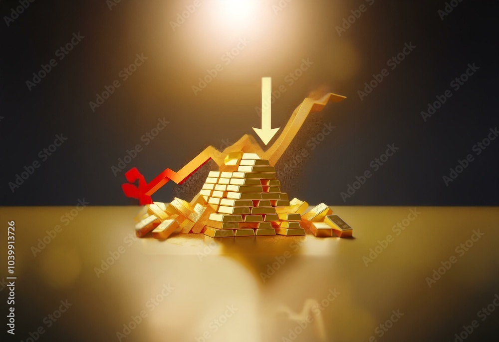 Poster a pyramid of gold bars surrounded by scattered bars with a red and yellow arrow pointing down.