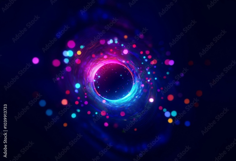 Poster a swirling ring of light on a dark blue background, with colorful bokeh dots surrounding it.