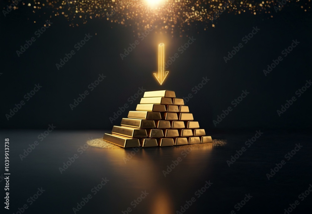 Poster Golden bars stacked in a pyramid shape with a glowing arrow pointing down, set against a dark background.