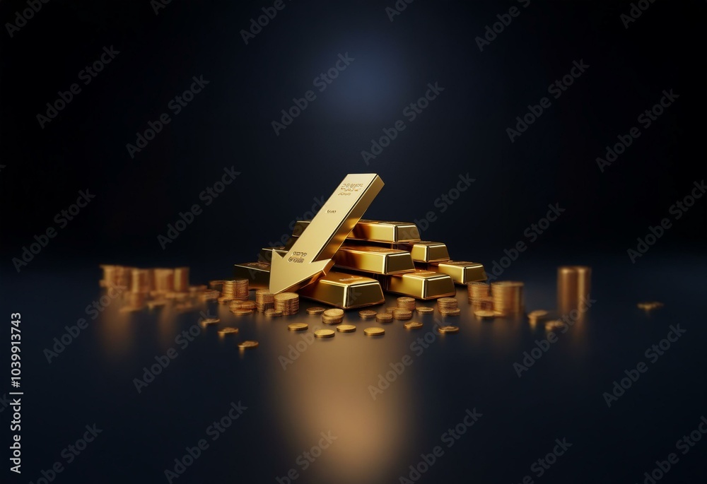 Poster gold bars and coins are stacked on a dark background with a downward arrow.
