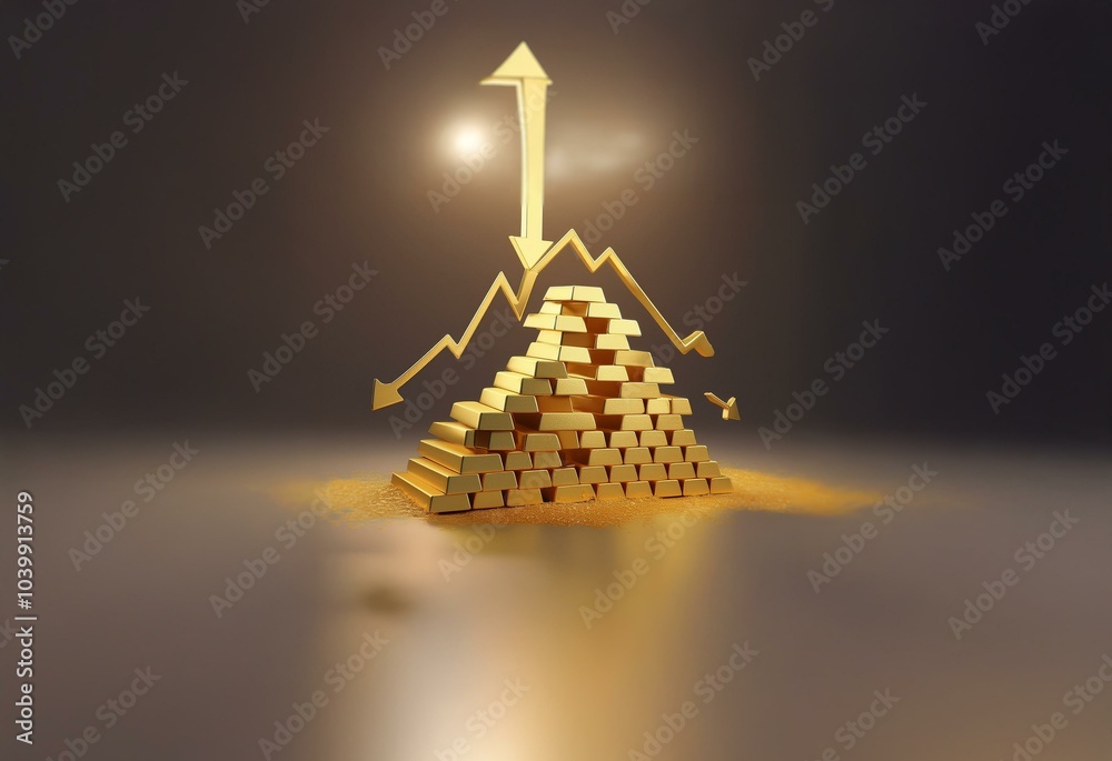 Poster A golden pyramid made of bars sits on a gray surface with a gold arrow pointing upwards above it. The pyramid has a gold line graph coming out of it with a downward arrow at the end.