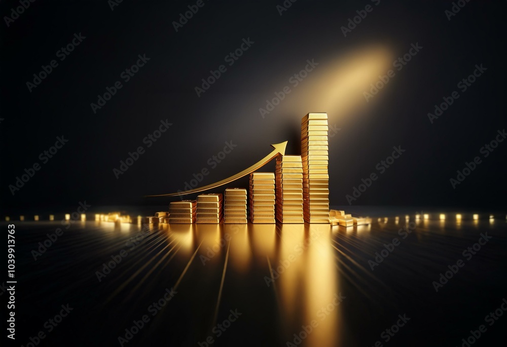 Poster gold bars stacked in an upward trend with an arrow pointing upwards, on a dark reflective surface.