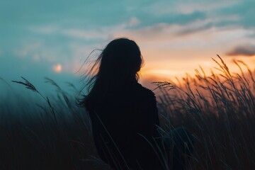 A silhouette reflects thoughtfully in a field of grass, under a stunning sunset sky with vibrant colors.