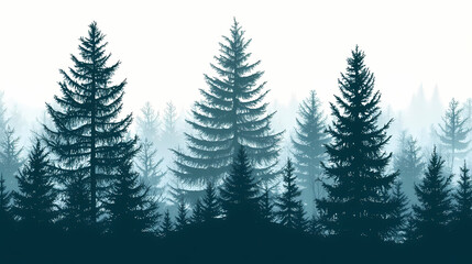 Obraz premium Winter forest silhouettes of fir trees and spruces with wood tree background.