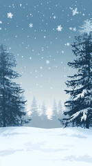 Winter forest silhouettes of fir trees and spruces with wood tree background.