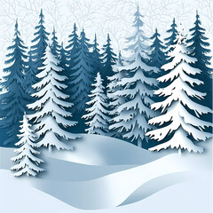 Obraz premium Winter forest silhouettes of fir trees and spruces with wood tree background.