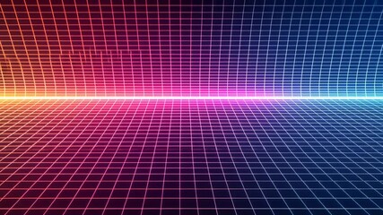 Neon Grid Background with Futuristic Retro Aesthetic, Perfect for Designs, Games, and Tech-Themed Projects, Featuring Multicolored Lines and Pulsating Gradient Effects - Powered by Adobe